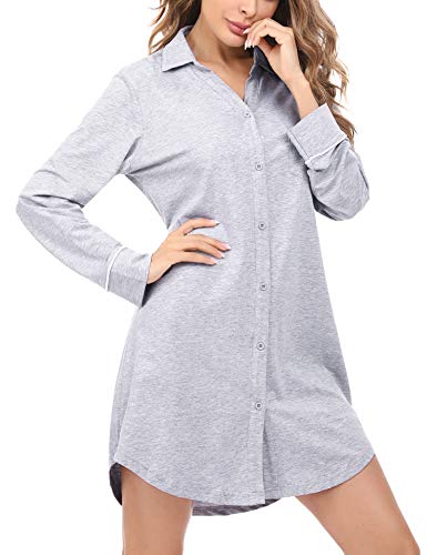 Doaraha Schlafshirt Damen Langarm Nachthemd mit Knöpfen Sexy Boyfriend Sleepshirt Knopfleiste V-Ausschnitt (Grau mit Pünktchen, S) von Doaraha