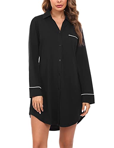 Doaraha Schlafshirt Damen Langarm Nachthemd mit Knöpfen Sexy Boyfriend Sleepshirt Knopfleiste V-Ausschnitt (Schwarz, S) von Doaraha