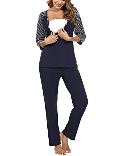 Doaraha Stillpyjama Umstandsschlafanzug Umstandspyjama, Zweiteiliger Schlafanzug Damen Still Pyjama Set Nachtwäsche für Schwangere Mutterschaft (Dunkelblau, S) von Doaraha
