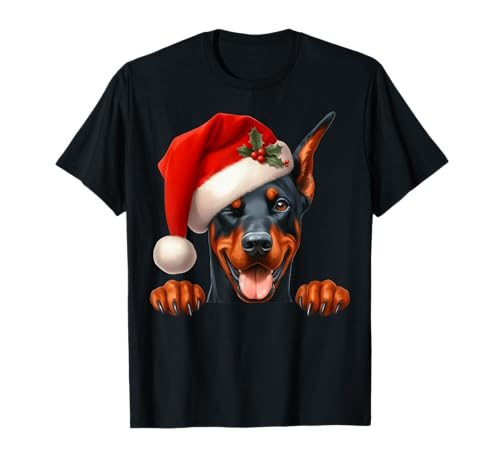 Dobermann Hund Weihnachten Weihnachtsmannmütze Hund Mama Papa T-Shirt von Doberman Dog Tees NYC