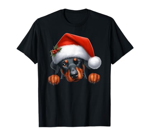 Dobermann Hund Weihnachten Weihnachtsmannmütze Hund Mama Papa T-Shirt von Doberman Dog Tees NYC