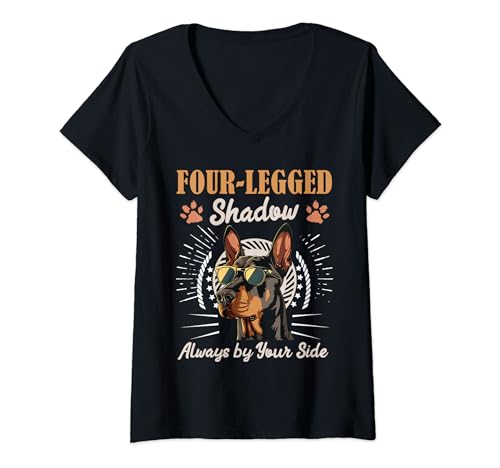 Damen Lustig Doberman FOUR-LEGGED SHADOW Besitzer Dobermänner T-Shirt mit V-Ausschnitt von Doberman Geschenk Hundebesitzer Doberman Shirt