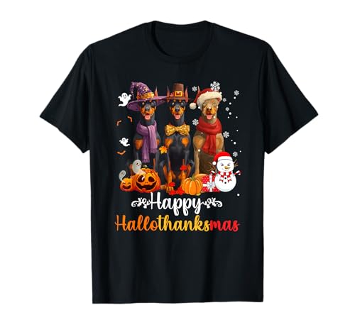 Herren Damen Dobermann Hund Weihnachten Halloween Thanksgiving T-Shirt Herren Damen Dobermann Hund Weihnachten Halloween Thanksgiving T-Shirt von Doberman Happy Hallothankmas Holiday Dog