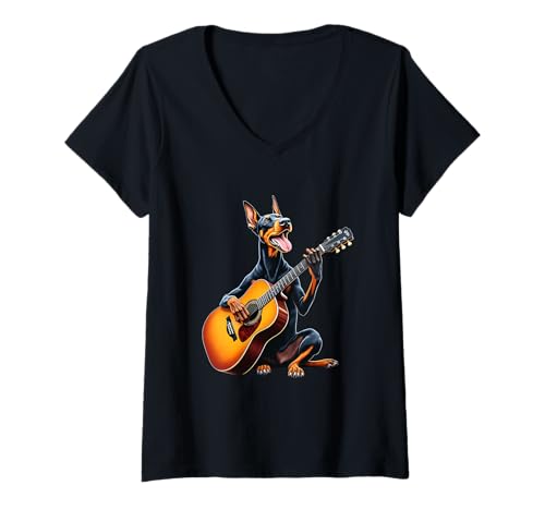 Damen Dobermann spielt Gitarre Design Lustiger Dobermann T-Shirt mit V-Ausschnitt Damen Dobermann spielt Gitarre Design Lustiger Dobermann T-Shirt mit V-Ausschnitt von Doberman Lovers Designs