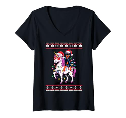 Damen Christmas Doberman Pinscher Unicorn Sunglasses Dobbie T-Shirt mit V-Ausschnitt Damen Christmas Doberman Pinscher Unicorn Sunglasses Dobbie T-Shirt mit V-Ausschnitt von Doberman Pinscher Dog Lover Gifts