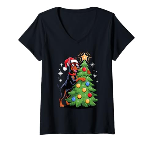 Damen Christmas Tree Doberman Pinscher Sunglasses Dobbie T-Shirt mit V-Ausschnitt Damen Christmas Tree Doberman Pinscher Sunglasses Dobbie T-Shirt mit V-Ausschnitt von Doberman Pinscher Dog Lover Gifts