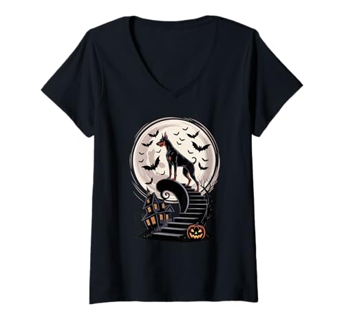 Damen Gruselig Halloween Mond Doberman Pinscher Dobie Dobermann T-Shirt mit V-Ausschnitt Damen Gruselig Halloween Mond Doberman Pinscher Dobie Dobermann T-Shirt mit V-Ausschnitt von Doberman Pinscher Dog Lover Gifts