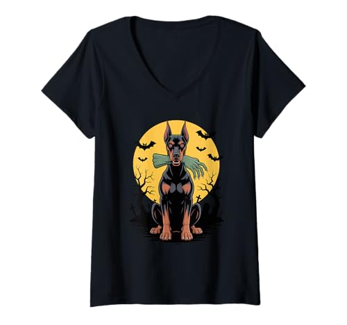 Damen Halloween Mond Zombie Hand Doberman Pinscher Dobie Dobermann T-Shirt mit V-Ausschnitt Damen Halloween Mond Zombie Hand Doberman Pinscher Dobie Dobermann T-Shirt mit V-Ausschnitt von Doberman Pinscher Dog Lover Gifts