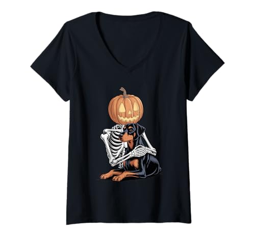 Damen Halloween Skeleton Doberman Pinscher Dobbie T-Shirt mit V-Ausschnitt Damen Halloween Skeleton Doberman Pinscher Dobbie T-Shirt mit V-Ausschnitt von Doberman Pinscher Dog Lover Gifts