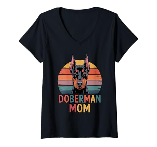 Damen Retro Sonnenuntergang Doberman Mom Dobermans Dobie Pinscher T-Shirt mit V-Ausschnitt Damen Retro Sonnenuntergang Doberman Mom Dobermans Dobie Pinscher T-Shirt mit V-Ausschnitt von Doberman Pinscher Dog Lover Gifts