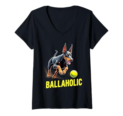 Damen Lustiger Ballaholic Dobermann Pinscher Hund Jagdball T-Shirt mit V-Ausschnitt Damen Lustiger Ballaholic Dobermann Pinscher Hund Jagdball T-Shirt mit V-Ausschnitt von Doberman Pinscher Fun Designs