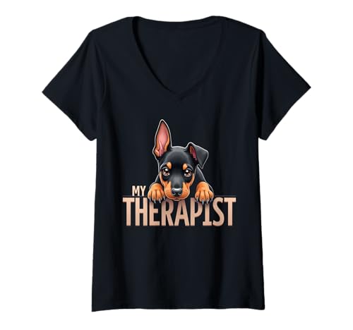 Damen Lustiger Dobie Dobe Puppy My Therapist Dobermann Pinscher Hund T-Shirt mit V-Ausschnitt Damen Lustiger Dobie Dobe Puppy My Therapist Dobermann Pinscher Hund T-Shirt mit V-Ausschnitt von Doberman Pinscher Fun Designs