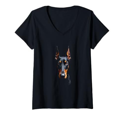 Damen Schwarzer Dobermann Pinscher Hund Dobermann Gesicht T-Shirt mit V-Ausschnitt von Doberman Pinscher Fun Designs