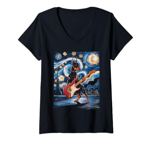 Damen Sternennacht Dobermann Pinscher T-Shirt mit V-Ausschnitt Damen Sternennacht Dobermann Pinscher T-Shirt mit V-Ausschnitt von Doberman Pinscher Guitar