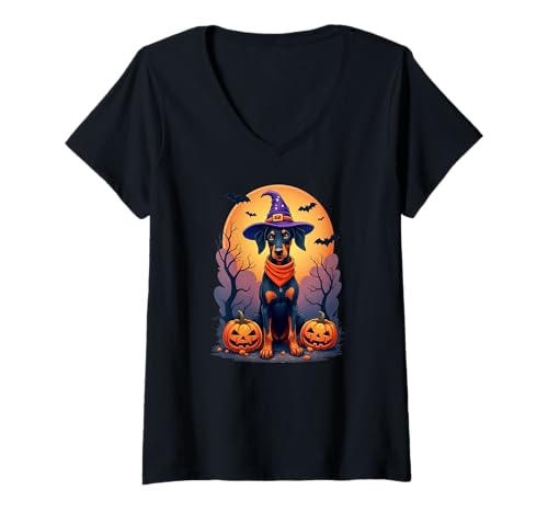 Damen Halloween, Dobermann Pinscher, süßer Hund T-Shirt mit V-Ausschnitt von Doberman Pinscher Owner Gifts
