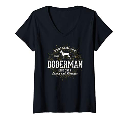 Damen Vintage Retro Dobermann T-Shirt mit V-Ausschnitt von Dobermann Geschenke von Treaja