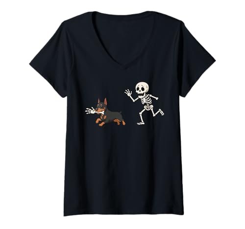 Damen Dobermann Skeleton Hand Halloween T-Shirt mit V-Ausschnitt von Dobermann Gruselig Halloween Lustig