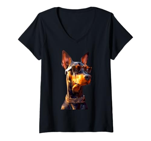 Damen Dobermann mit Sonnenbrille Hunde Motiv Stolze Dobermänner T-Shirt mit V-Ausschnitt von Dobermann Liebhaber Motiv für Frauchen & Herrchen