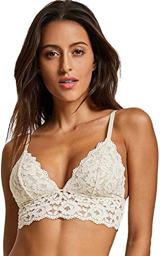 DOBREVA BH Damen Ohne Bügel Spitze Abnehmbare Gepolstert Tiefer Ausschnitt Lace Bra Elfenbein L von DOBREVA