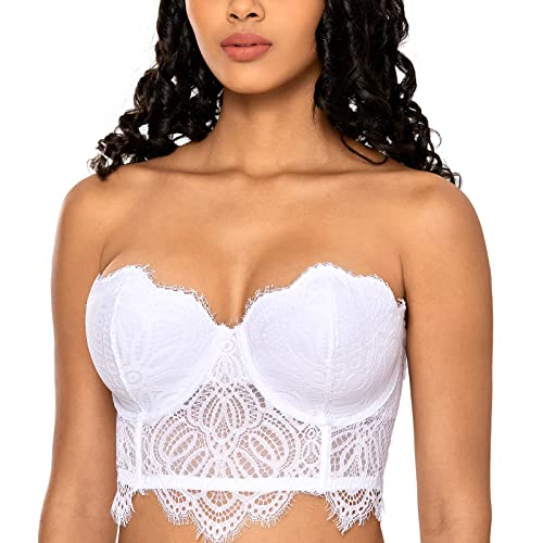 DOBREVA Damen Gepolstert Trägerloser Bügel-BH Bustier Top mit Spitze Weiss 85C von DOBREVA