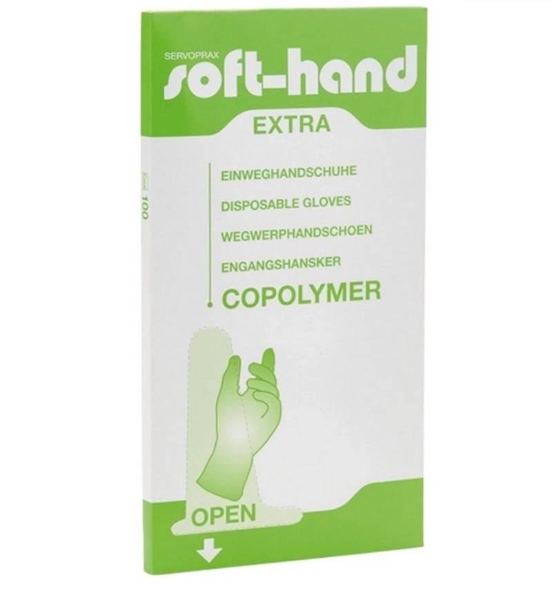 DocMed Einweghandschuhe Soft-Hand Copolymer - Extra (Einweg-Schutzhandschuhe, 100-St., Robuste Handschuhe für den Alltag) Leicht grüne Färbung, Verlängerte Stulpe von DocMed