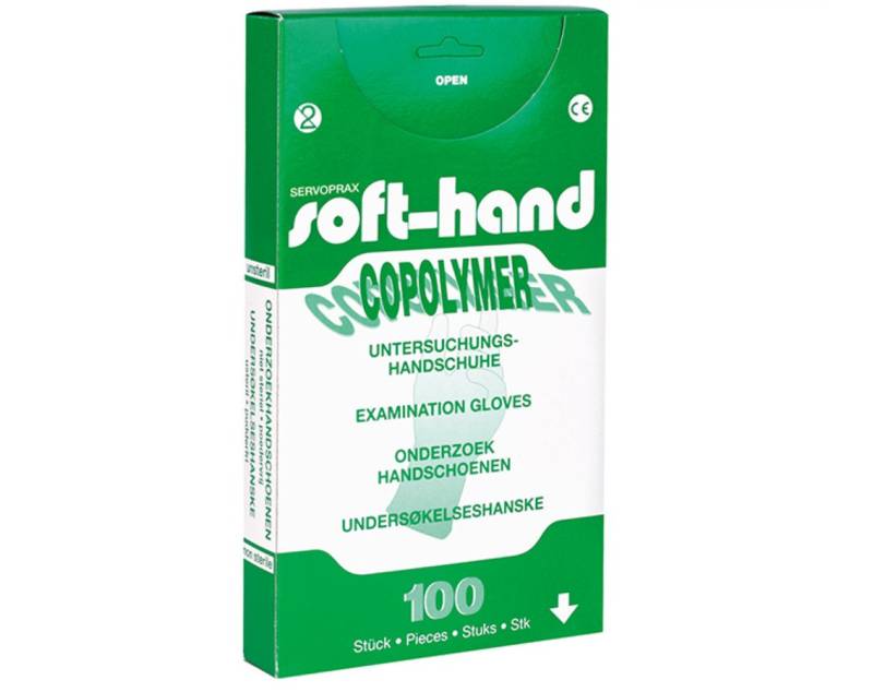 DocMed Einweghandschuhe Soft-Hand Copolymer - unsteril (Pflegehandschuhe, 100-St., Unsteril Untersuchungshandschuhe, Flexibel und komfortabel) Praktische Verpackung:, Leichtes Anziehen von DocMed