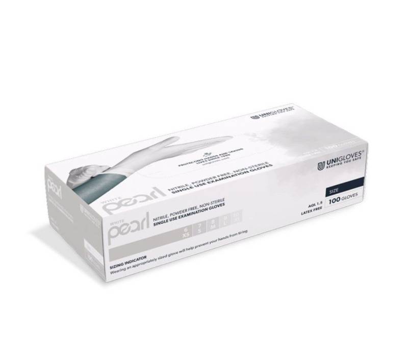 DocMed Nitril-Handschuhe White Pearl Nitril U.-Handschuhe Gr. XS/M/L/XL unsteril puderfrei (Einweghandschuhe, 100-St., Handschuhe für Allergiker) Reißfestes, wasserdichtes Nitrilmaterial von DocMed