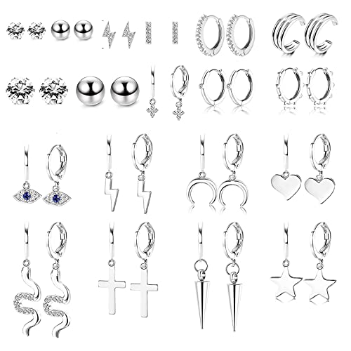 Dochais 19 Paar Ohrringe Set, Flacher Rückseite Geometrische, Ohrstecker Runde Zirkonia Ball, Knorpelohrringe Ohrstecker, Stern Kleine Ohrringe, Für Damen Herren (Silber) von Dochais