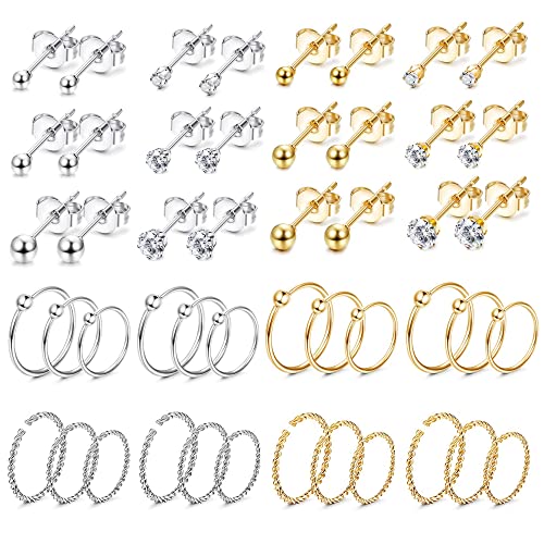 Dochais 24 Paar Damen Ohrringe Ohrstecker, Hypoallergene Ohrringe, Cubic Zirkonia Stud Earrings, CZ Nieten, Creolen Gold/Silber, Kleine Ohrringe, Ohrringe aus Edelstahl für Männer und Frauen von Dochais