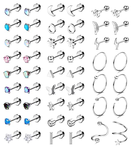 Dochais 25 Paar Chirurgenstahl Ohrstecker für Frauen, Multipack Knorpelohrringe Für Männer, Opal Mondstein Türkis Schmetterling Blume Stern Flach Zurück Ohrringe Helix Piercing Schmuck von Dochais