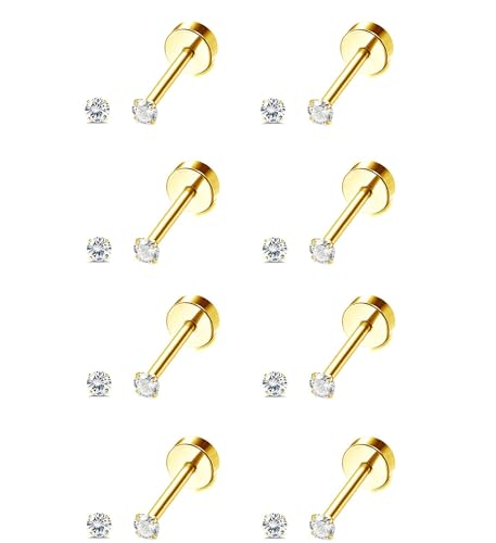 Dochais 8 Paar Ohrstecker Set für Damen Herren, 316L Chirurgenstahl Ohrringe Hypoallergene, 14K Gold plattiert Cubic Zirkonia Ohrstecker, Knorpel Ohrstecker Gold von Dochais