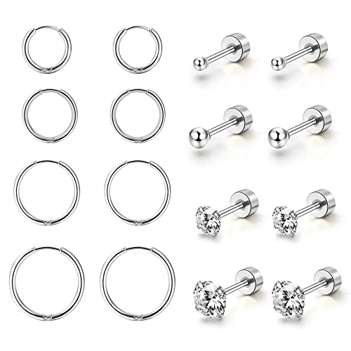 Dochais 8 Paar Ohrring Set, 316L Chirurgenstahl Ohrringe, 14K Gold plattiert Cubic Zirkonia Runde Ohrstecker, Hypoallergene Knorpel Huggie Hoop Ohrringe, Mehrfach-Piercing (Gold, Silber) (Silber) von Dochais