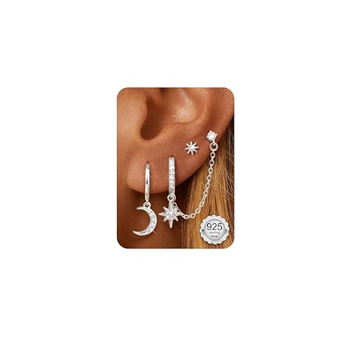 DOCHAIS 3 Paar Ohrringe Silber 925 Set für Damen 14K Vergoldet Kleine Ohrstecker Silber 925 Stapelbar Zirkonia Helix Piercings Ohr Gold Ohrstecker Creolen Ohrringe Set für Mehrere Piercings von Dochais