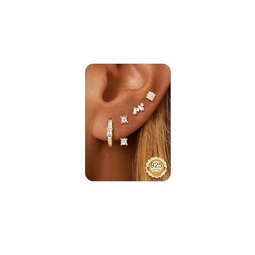 DOCHAIS 3 Paar Ohrringe Silber 925 Set für Damen 14K Vergoldet Kleine Ohrstecker Silber 925 Stapelbar Zirkonia Helix Piercings Ohr Gold Ohrstecker Creolen Ohrringe Set für Mehrere Piercings von Dochais