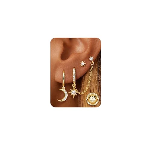 DOCHAIS 3 Paar Ohrringe Silber 925 Set für Damen 14K Vergoldet Kleine Ohrstecker Silber 925 Stapelbar Zirkonia Helix Piercings Ohr Gold Ohrstecker Creolen Ohrringe Set für Mehrere Piercings von Dochais