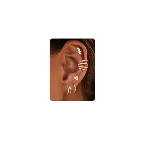 DOCHAIS 7 Paar Ohrringe Gold Set Damen 18 Karat Vergoldet Ohrringe Silber 925 Stecker Set mit Ohrstecker Creolen Ear Cuff Fake Piercing Helix Knorpel Tragus Conch Piercings Ohr Ohrring von Dochais