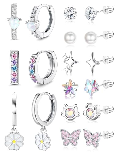 DOCHAIS 9 Paar Süße Ohrringe für Mädchen Damen Medizinische Ohrstecker Mehrfarbige CZ Creolen Ohrstecker Chirurgenstahl Edelstahl Hypoallergene Ohrringe Mädchen Kinder von Dochais