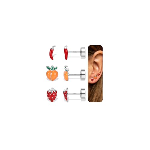 DOCHAIS Ohrstecker Silber 925 Damen Hypoallergen Ohrstecker Ohrringe Silber 925 Stecker Set für mehrere Piercings Erdbeer Pfeffer Pfirsich Silber Gold Schmuck Geschenk für Mädchen Frauen von Dochais