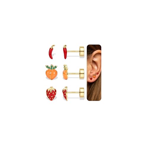 DOCHAIS Ohrstecker Silber 925 Damen Hypoallergen Ohrstecker Ohrringe Silber 925 Stecker Set für mehrere Piercings Erdbeer Pfeffer Pfirsich Silber Gold Schmuck Geschenk für Mädchen Frauen von Dochais