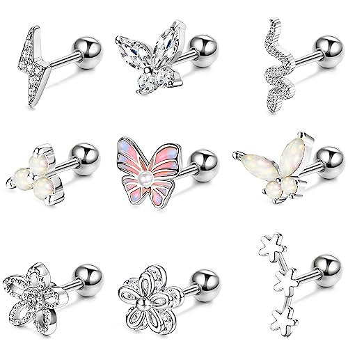 Dochais 9Pcs Kleine Ohrringe Set Damen, 16G Knorpel CZ Ohrstecker Silber hypoallergen Edelstahl Blume Schmetterling Schlange Conch Helix Tragus Piercing Schmuck für Herren Frauen Geschenke von Dochais