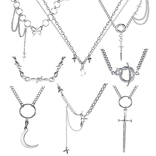 Dochais 8 Stücke Silber Halskette mit Langem Anhänger für Damen Frauen Mädchen Lange Choker Kette Kreuz Mond Schmetterling Halskette Sets Modeschmuck kette Schmuck von Dochais