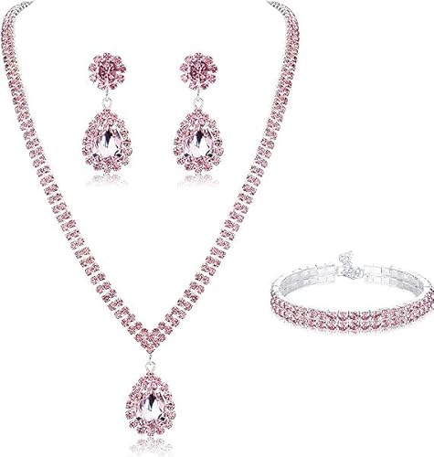 Dochais Brautschmuck Set für Hochzeit Einfache Halskette Teardrop Dangle Ohrringe Armbänder Kristall Prom Braut Brautjungfer Tennisschmuck Set von Dochais