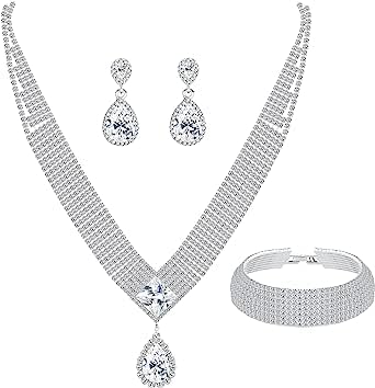 Dochais Brautschmuck Set für Frauen Hochzeit Einfache Halskette Teardrop Dangle Ohrringe Armbänder Armreif Kristall Prom Braut Brautjungfer Tennis Schmuck Set von Dochais