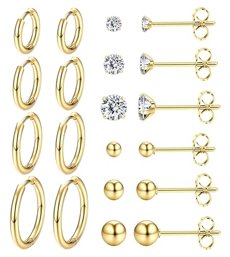 Dochais 10 Paar Gold Ohrringe Set für Damen Herren 316L Chirurgenstahl Huggie Creolen Ohrringe Kleine Ohrstecker Ohrringe Hypoallergen 14 Karat vergoldeter Piercing schmuck geschenk Mädchen frauen von Dochais