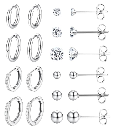 Dochais 10 Paar Ohrringe Damen Herren Kleine Ohrstecker Ohrringe Set 316L Chirurgenstahl Silber Huggie Creolen Ohrringe Hypoallergen CZ Piercing schmuck geschenk Mädchen frauen (Hellsilber) von Dochais