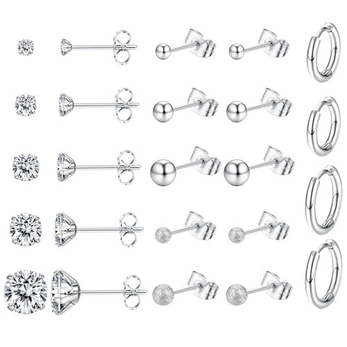 Dochais 12 Paar Ohrstecker 316L Chirurgenstahl Damen Herren Kleine Silber Ohrringe Set Creolen tragus Helix Hoop Knorpel Ohrringe Hypoallergen CZ Piercing schmuck geschenk Mädchen frauen (Tiefsilber) von Dochais