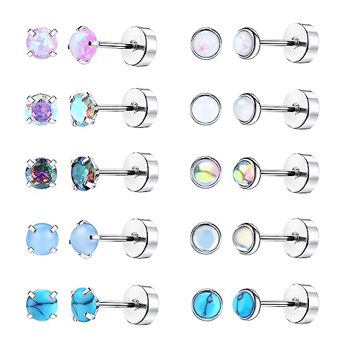 Dochais 10 Paar Chirurgenstahl Ohrstecker Frauen Ohrringe,Kleine Ohrstecker Damen Set Multipack Knorpelohrringe Für Damen Mädchen,Opal Mondstein Türkis Zirkon Ohrringe Helix Piercing Hypoallergen von Dochais