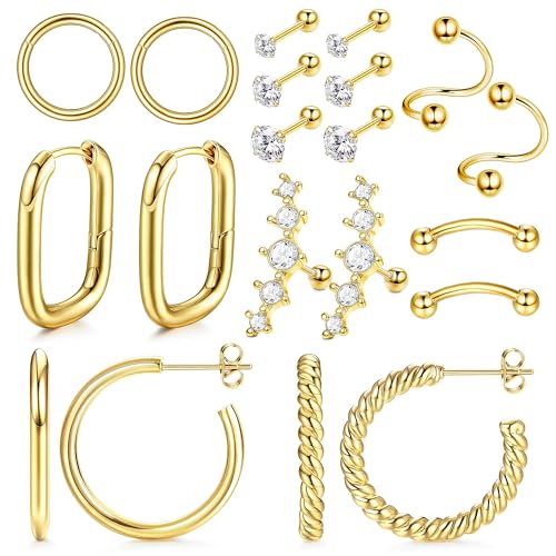 Dochais Creolen Ohrstecker Ohrringe Gold für Damen Herren, 10 Paar Huggie Hoops 14K Vergoldet Knorpel Helix Tragus Conch Ohrringe Set Cubic Zirkonia Piercing Schmuck für Geschenk Frauen von Dochais