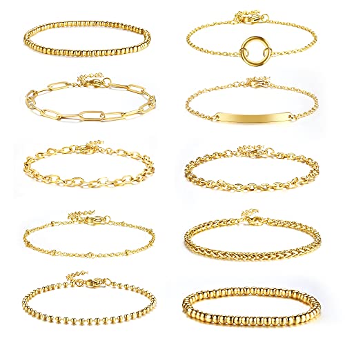 Dochais 10 Stück Gold Edelstahl Armbänder Damen Set, Verstellbar Armband Damen Gold, Armband Boho Gold, Perlen Armband Gold, Kette Armbänder Set für Frauen Damen Mädchen von Dochais