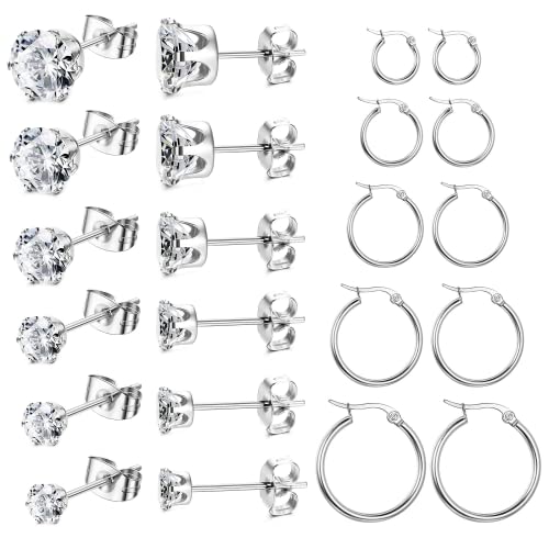 Dochais 11 Paar Ohrring Set,316L Chirurgenstahl Ohrringe,14K Gold plattiert Cubic Zirkonia Runde Ohrstecker,Ohrringe Gold Silber,Hypoallergene Knorpel Huggie Hoop Ohrringe,Mehrfach-Piercing (Silber) von Dochais